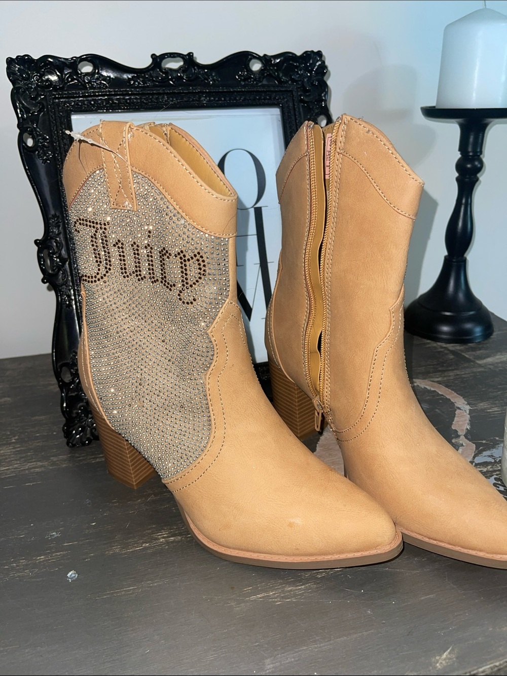 Juicy Couture Tan Rhinestone Logo Western Ankle Boots